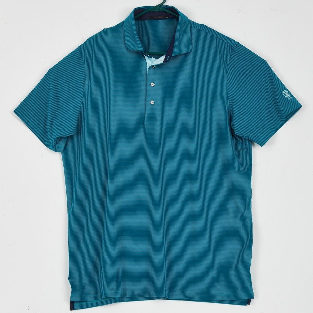 GREYSON Men's XL Striped Golf Polo Shirt Teal Navy Performance Short Sleeve - Picture 3 of 11